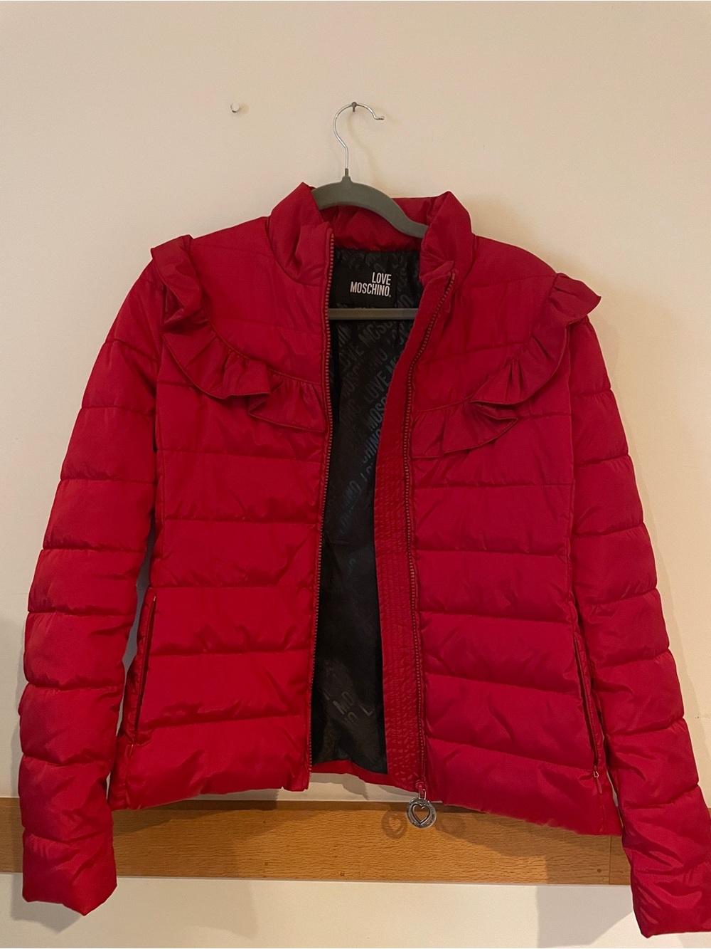 Love Moschino Women's Red Quilted Ruffle Puffer Jacket US 6